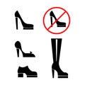 Black and white icon of women`s shoes. Symbol prohibiting walking in heels. Royalty Free Stock Photo